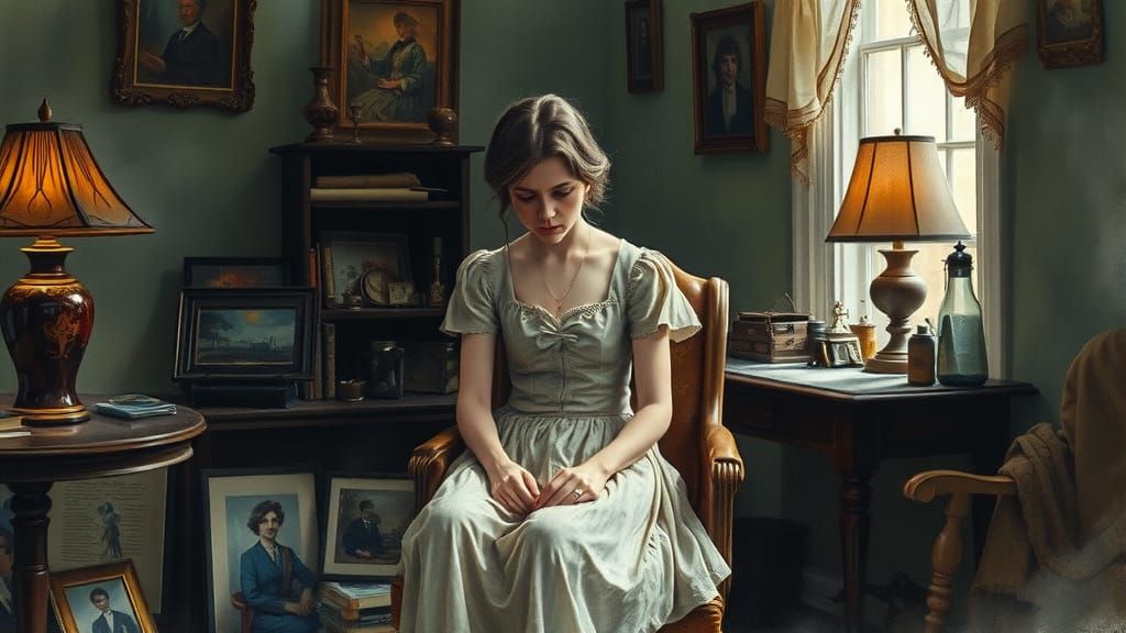 Melancholic Woman with Torn Photo as Watercolour