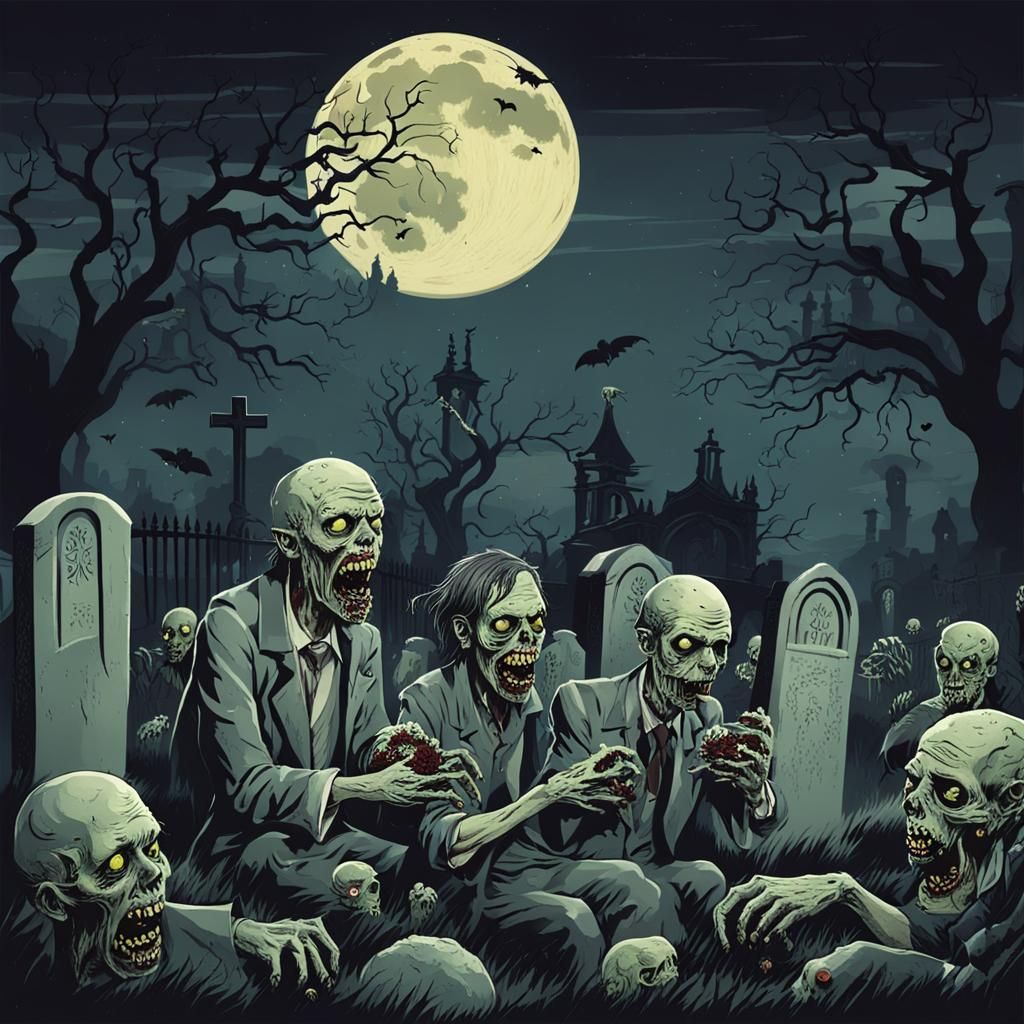 Zombies Feast Under Moonlight in Cemetery