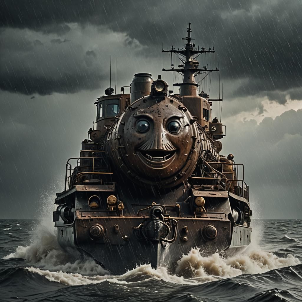 Futuristic Navy Ship Sails Under Ominous Skies