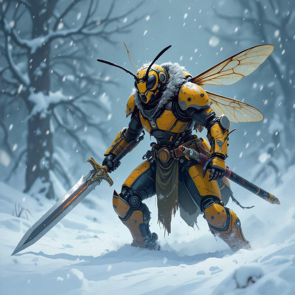 Wasp Warrior in Blizzard, Retro-Futuristic Digital Art