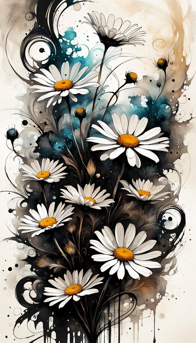Fractal Filigree Ink Masterpiece Around Daisy Flowers