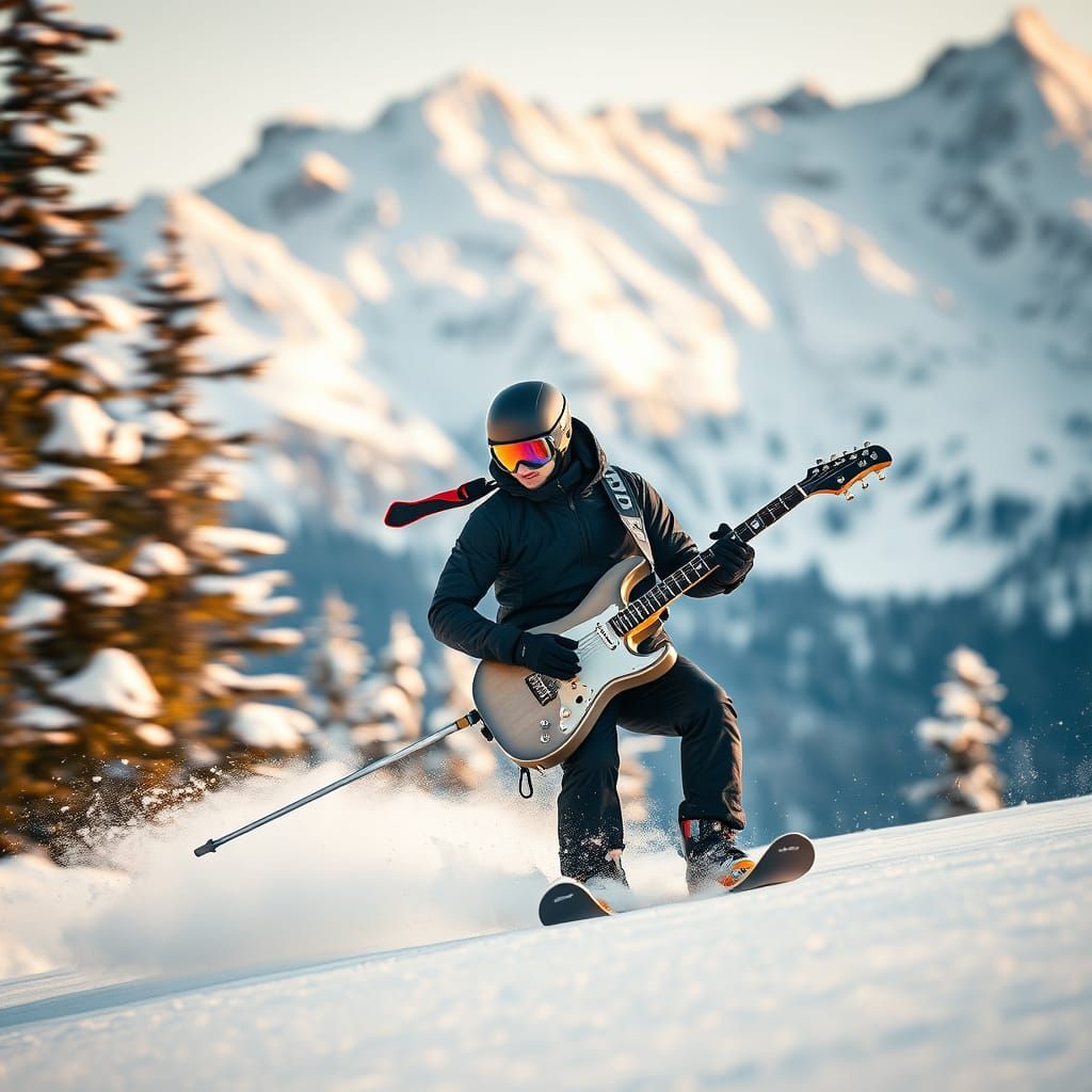 Skiing Musician Shredding Down a Mountain in Epic Winter Sce...