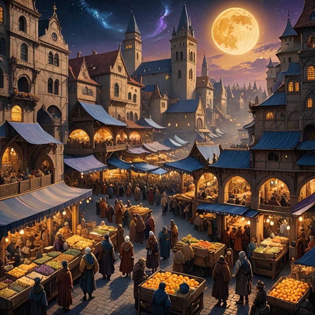 Renaissance Market Under Starry Sky, Detailed Digital Art