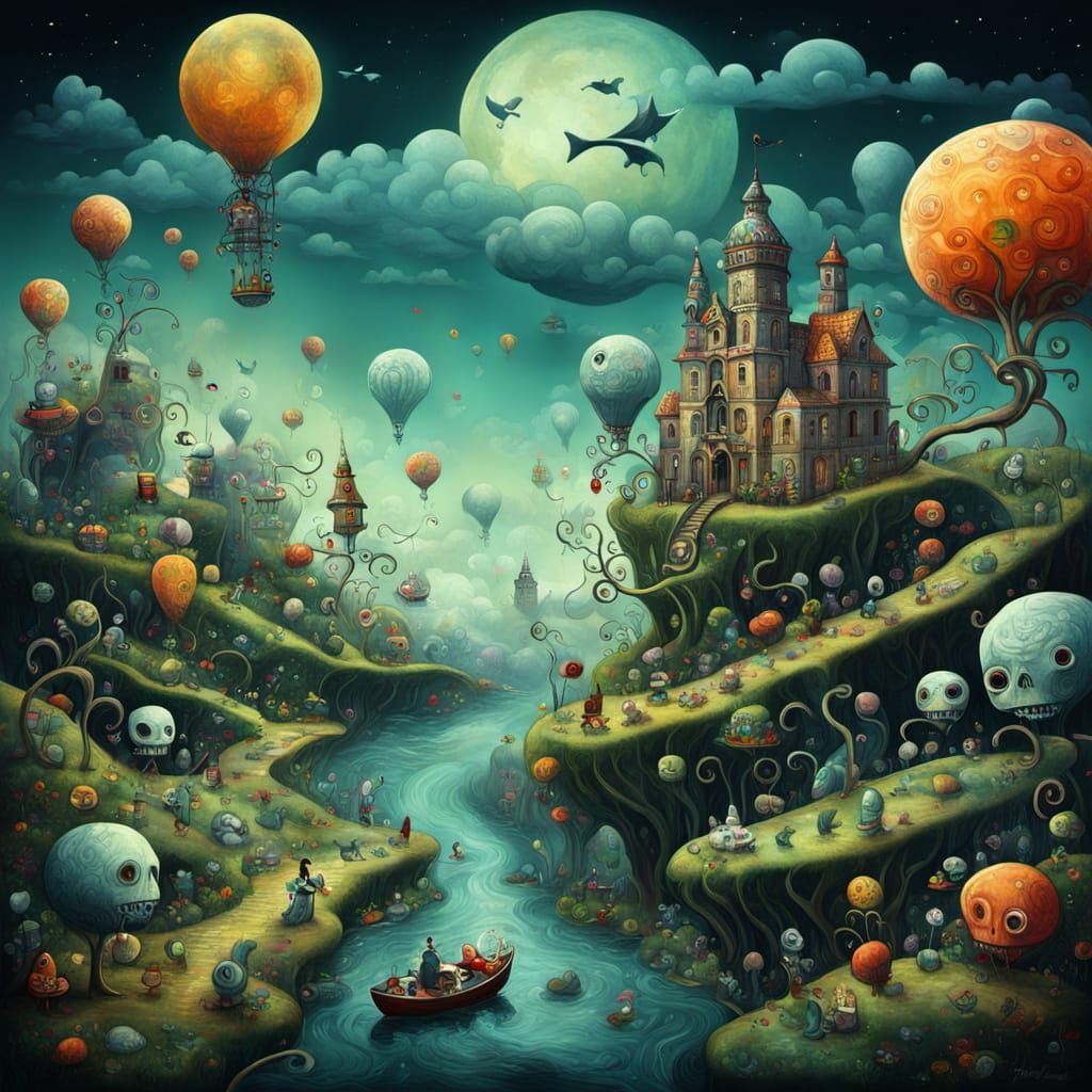 Surreal Dreamscape in GINHAM Style, Inspired by Tim Burton a...