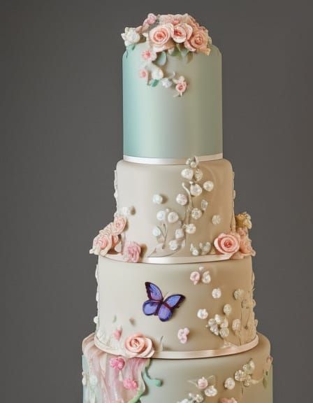 16k resolution, inspired by Art Nouveau and Peggy Porschen. A whimsical wedding cake, draped in flowing fondant vines, b...
