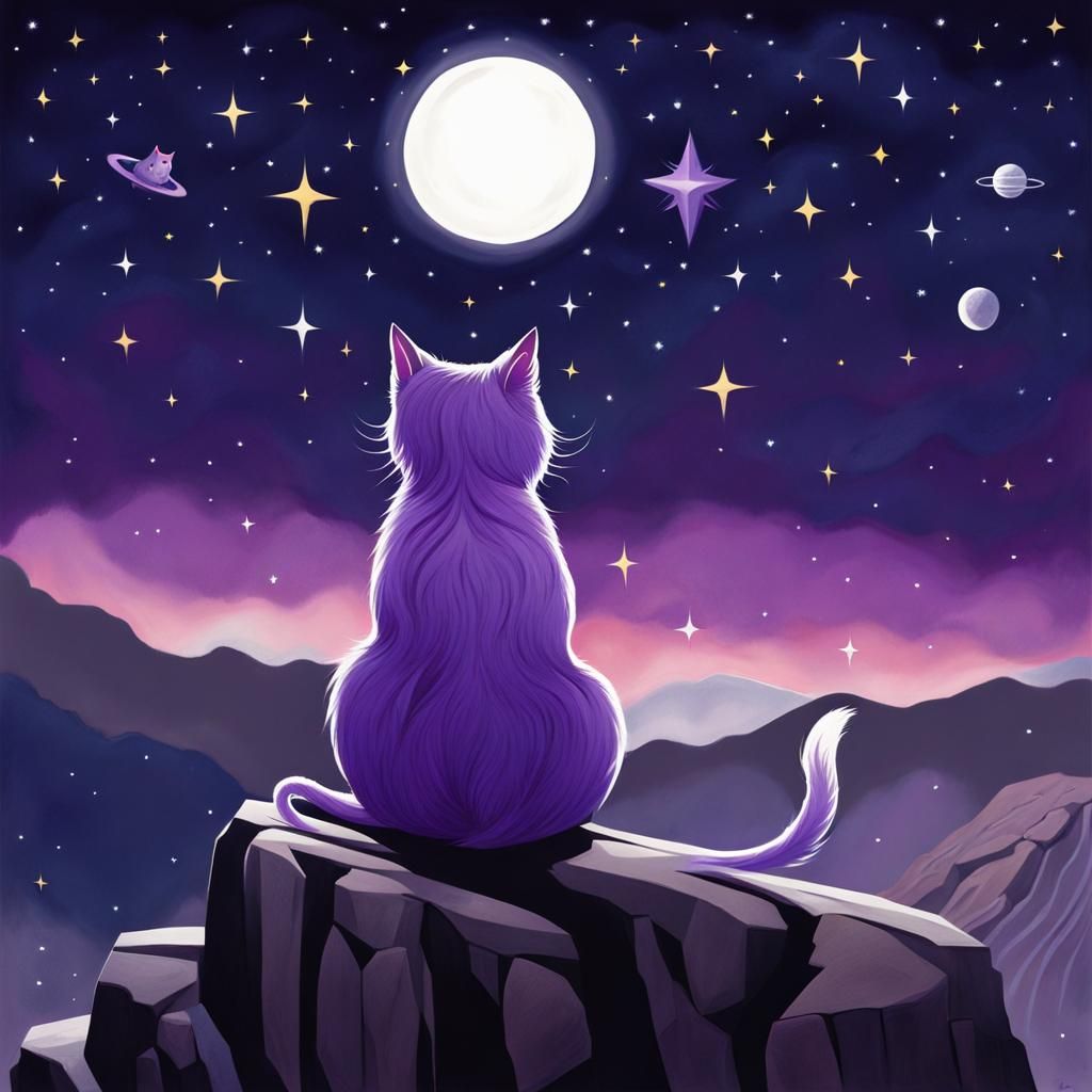 Purple Feline Gazing at Starry Night Sky