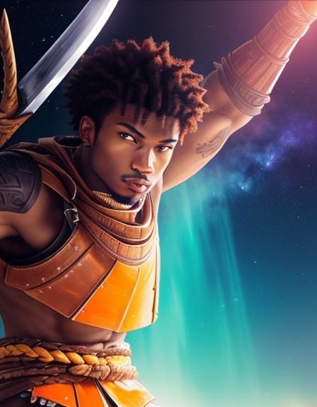 African Warrior in Primitive Armor at Night
