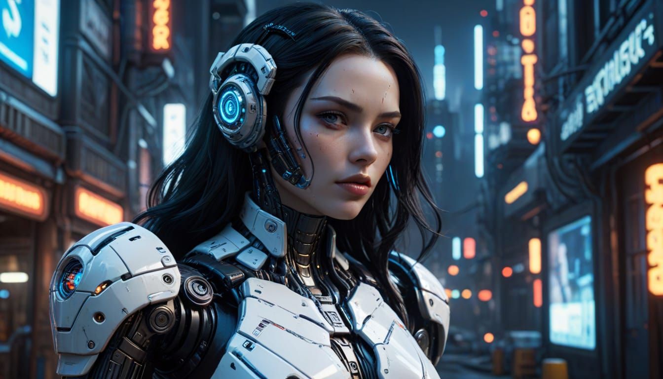 Glamorous Female Cyborg in Cyberpunk Cityscape