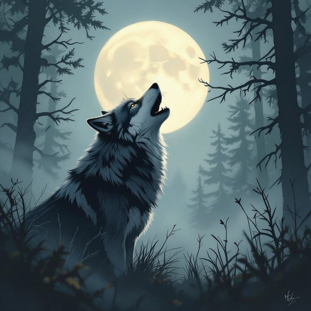 Wolf Howling Under Full Moon in Misty Forest