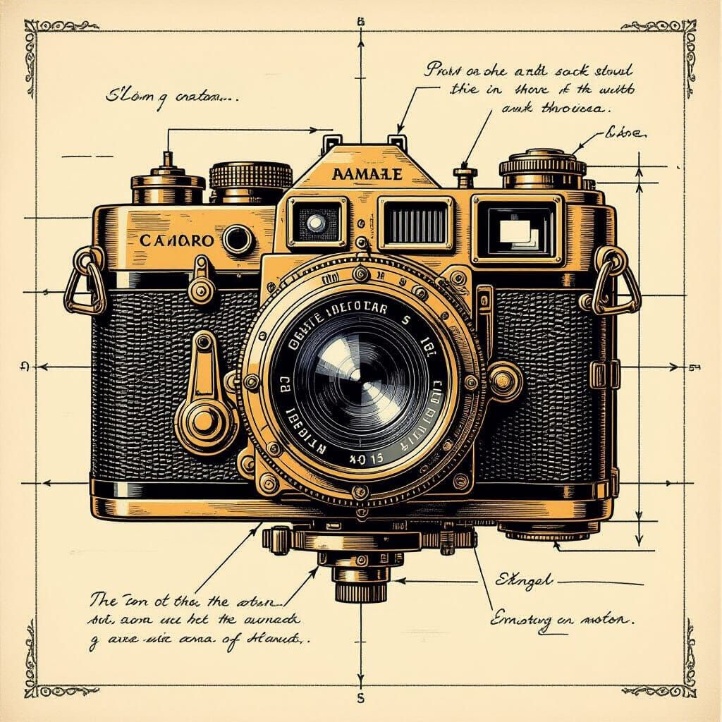 Detailed Steampunk Camera Blueprint in Sepia Tones