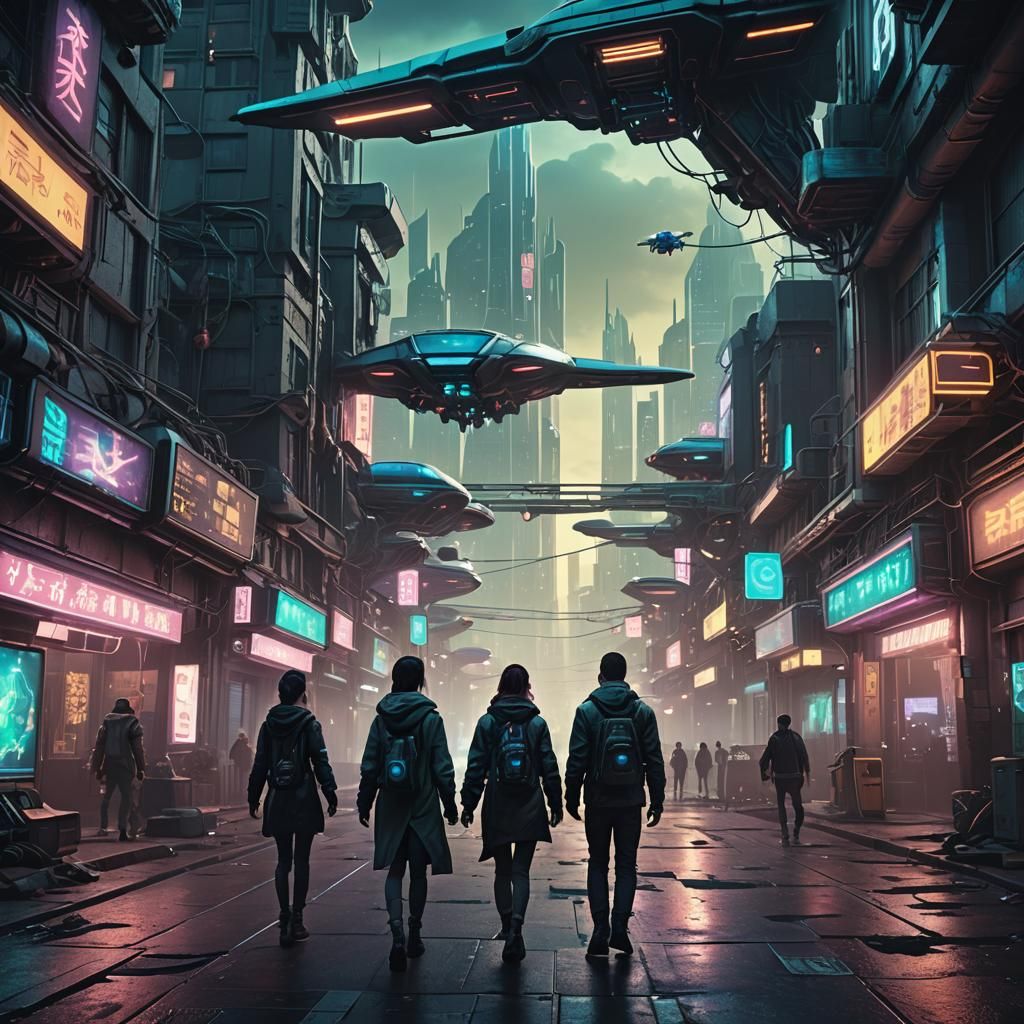 Cyberpunk Cityscape: Neon Lights and Flying Vehicles