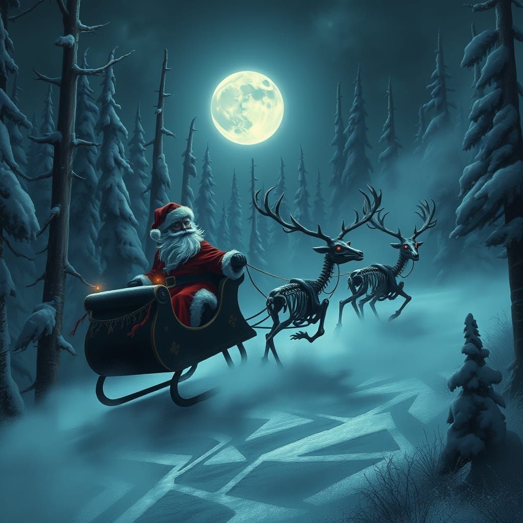 Gothic Santa with Skeleton Reindeer in Moonlit Forest