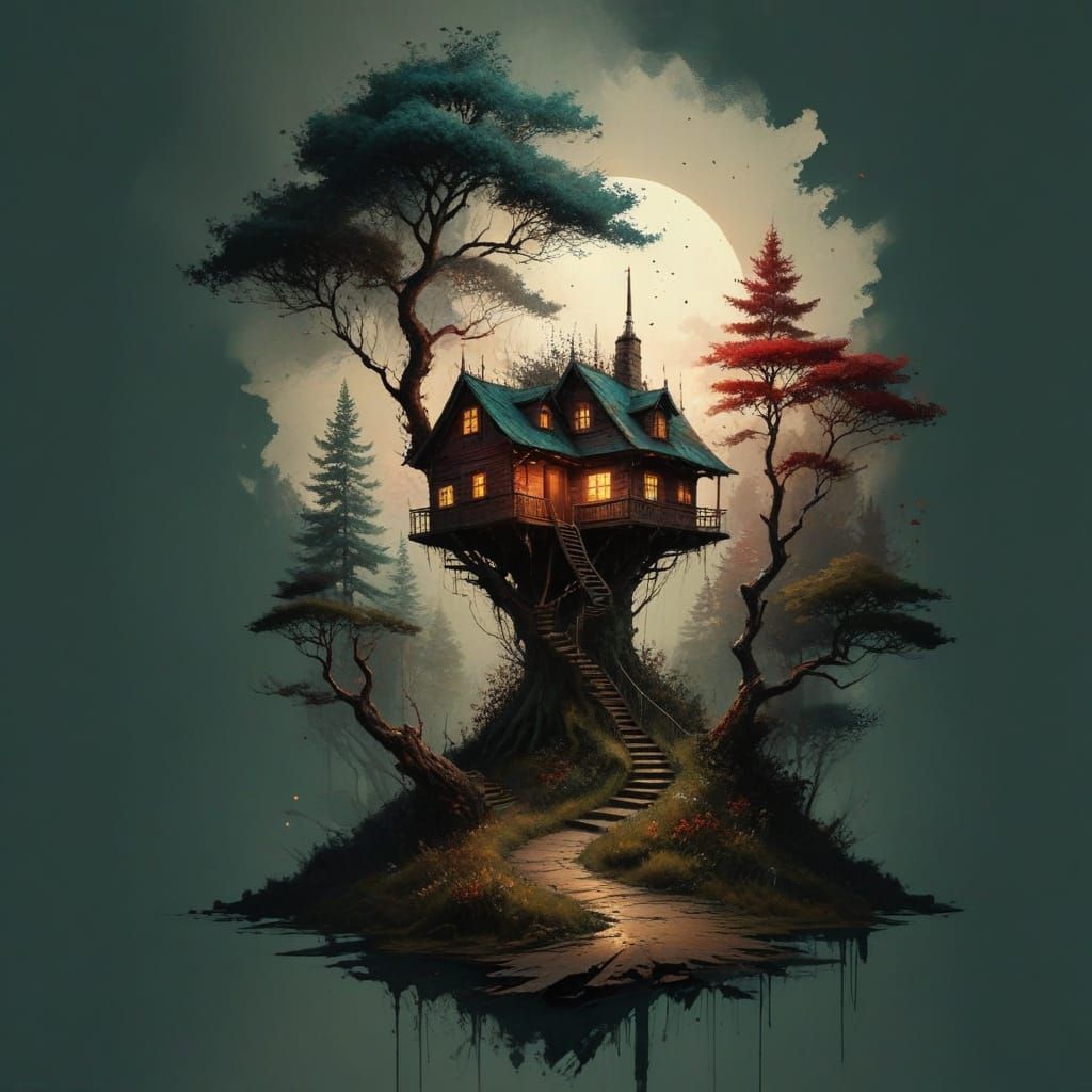 Abandoned Treehouse in a Vibrant Autumn Sunset