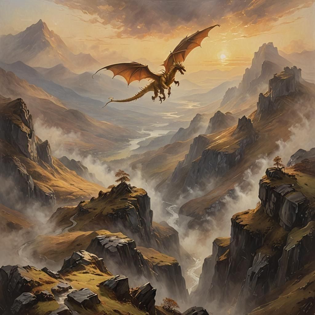 Golden Dragon Lands in Misty Highlands: Turner Style