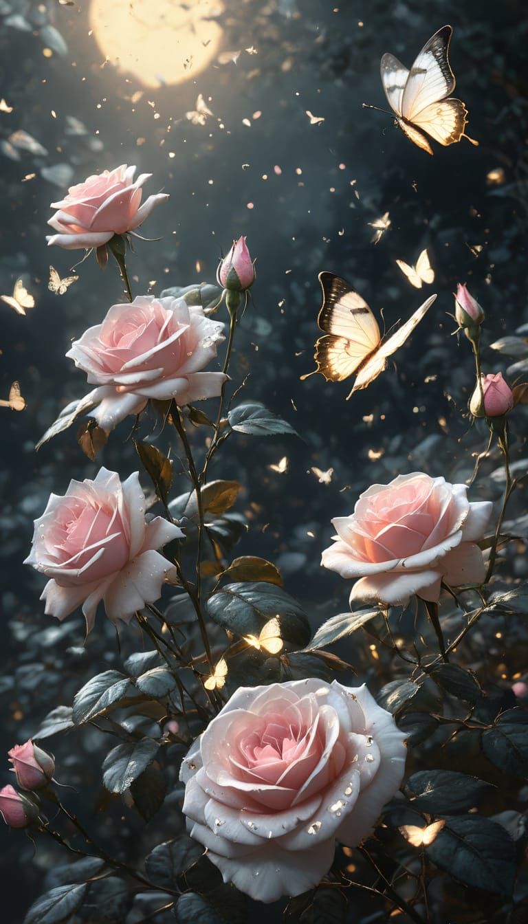Dusty Pink Roses and Butterflies in Dark Fantasy Style