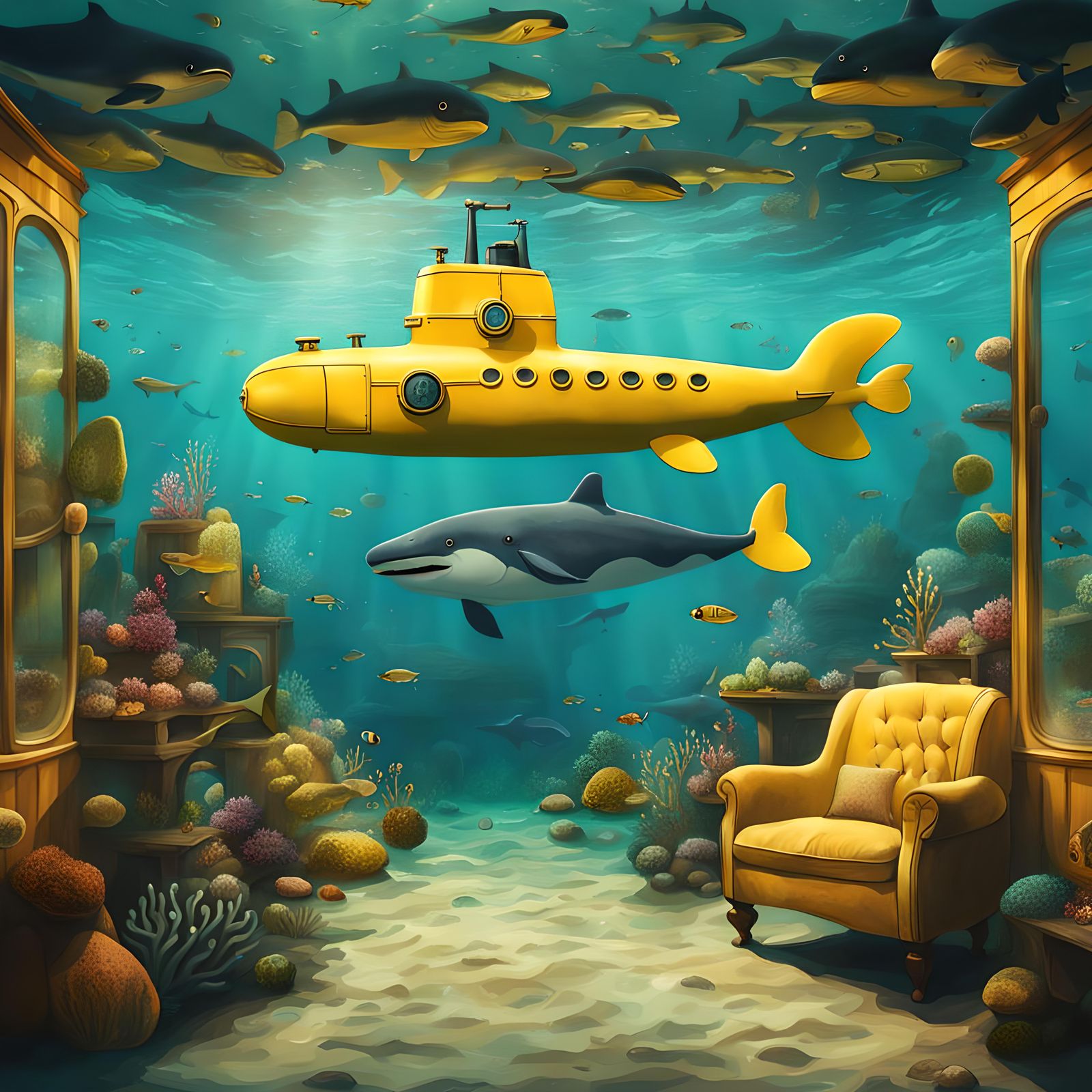 Yellow Submarine and Whale Underwater in Wes Anderson Style