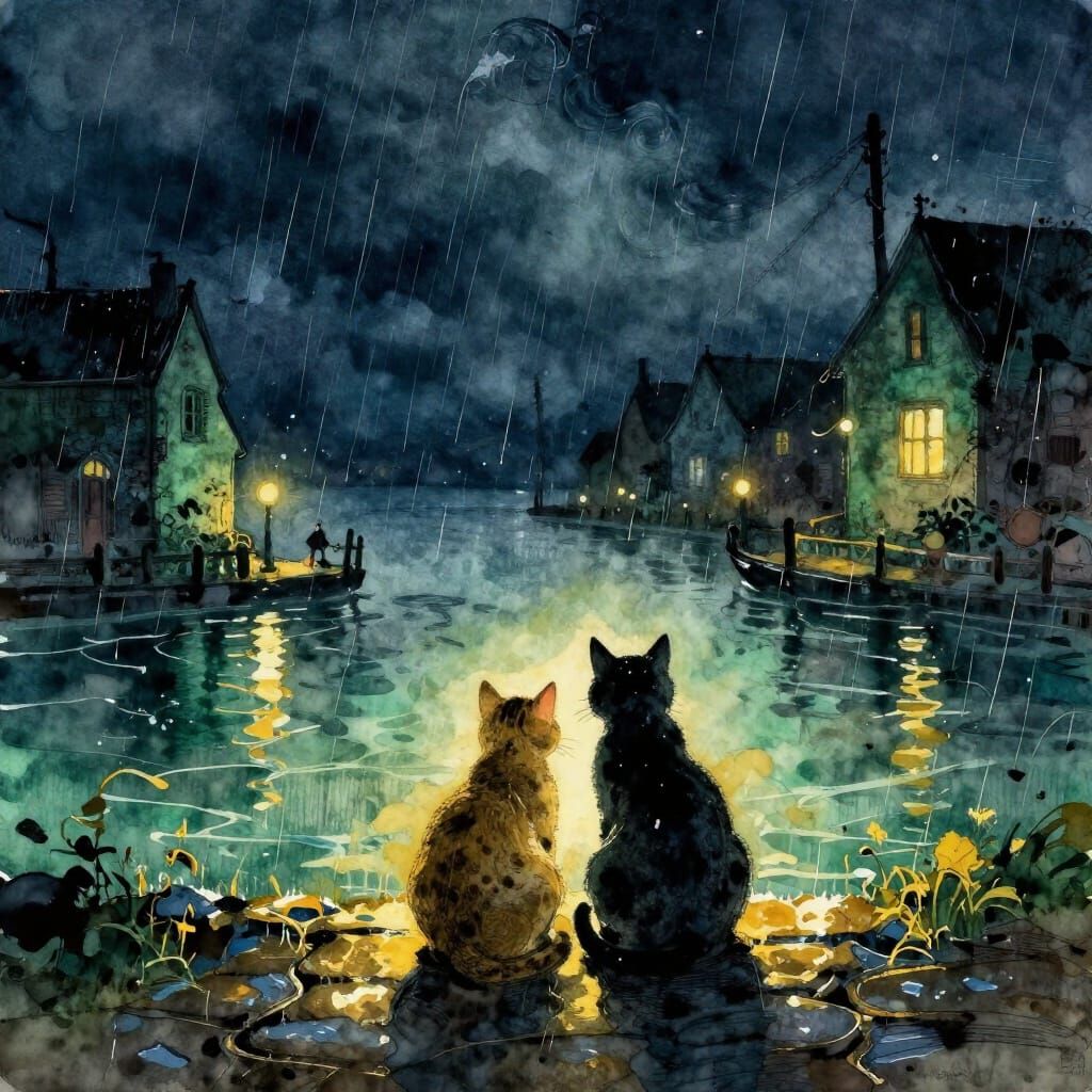 Cats Huddled in Sea Village on Stormy Night