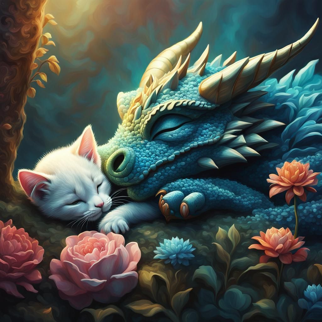 Sleeping Dragon and Kitten in Pastel Colors