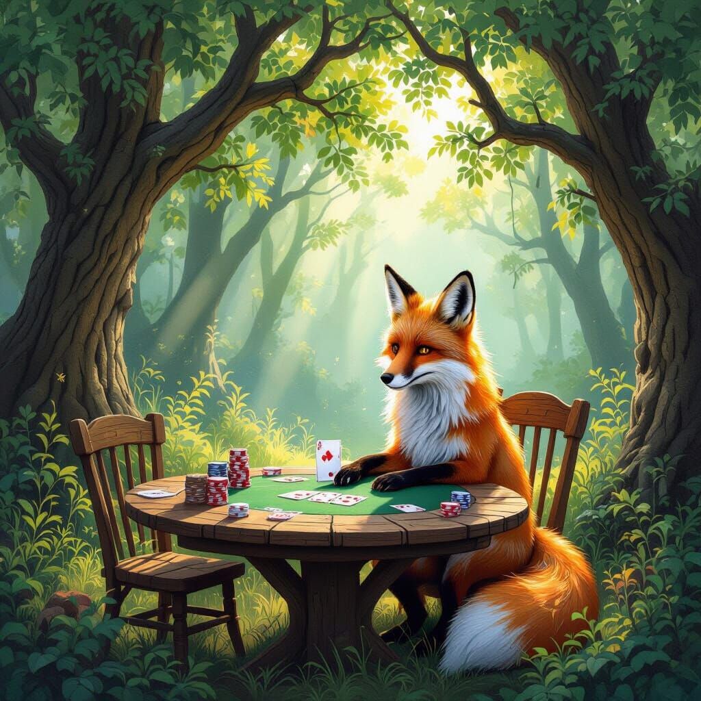Whimsical Fox Plays Poker in Sunlit Woodland Clearing