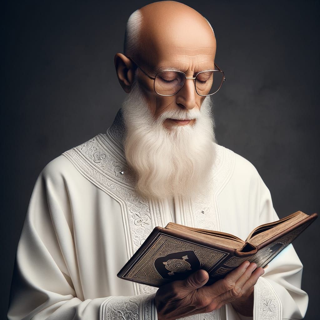 Elderly Scholar in White Jalabiya Reading Quran