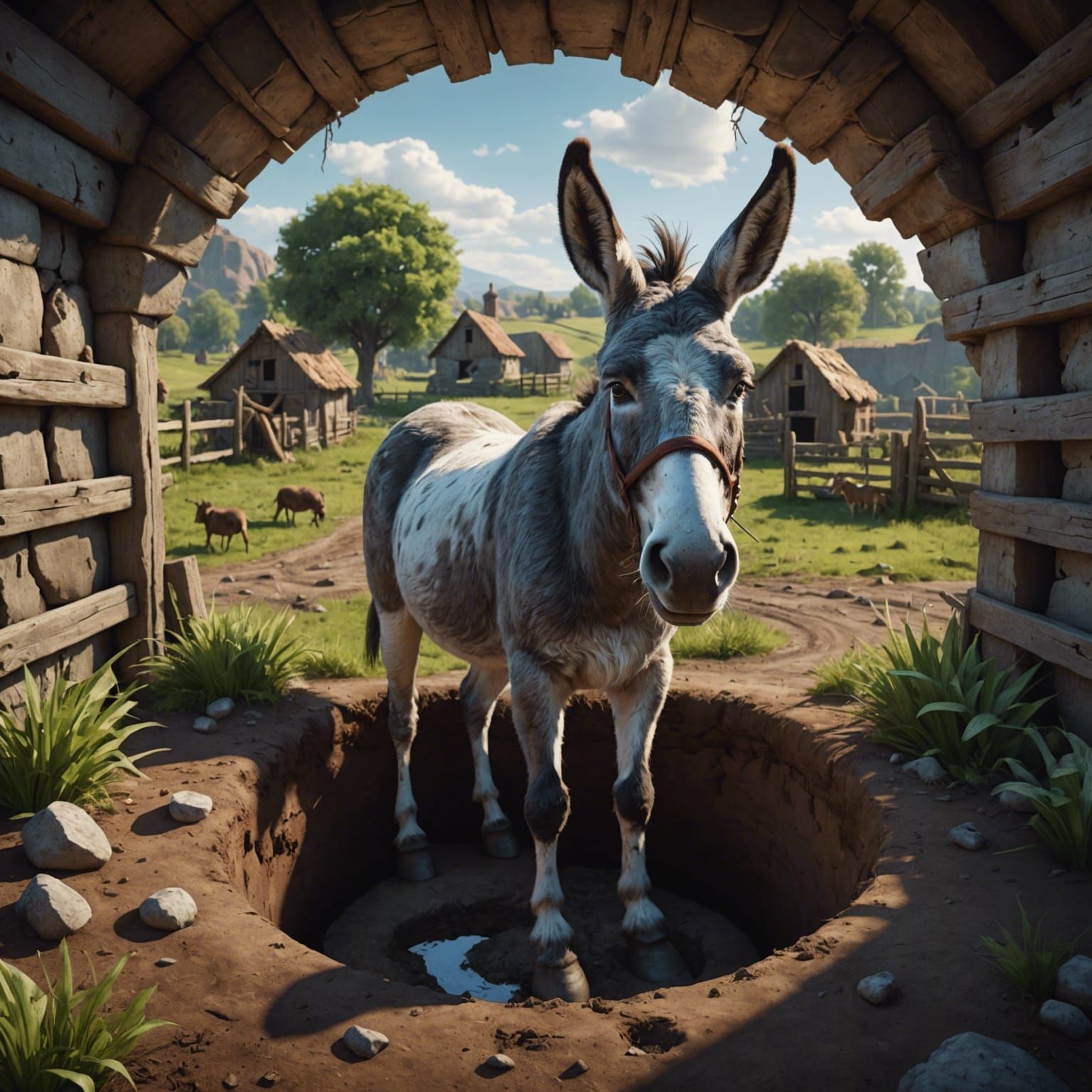 Confused Donkey in Hole: Detailed Matte Painting