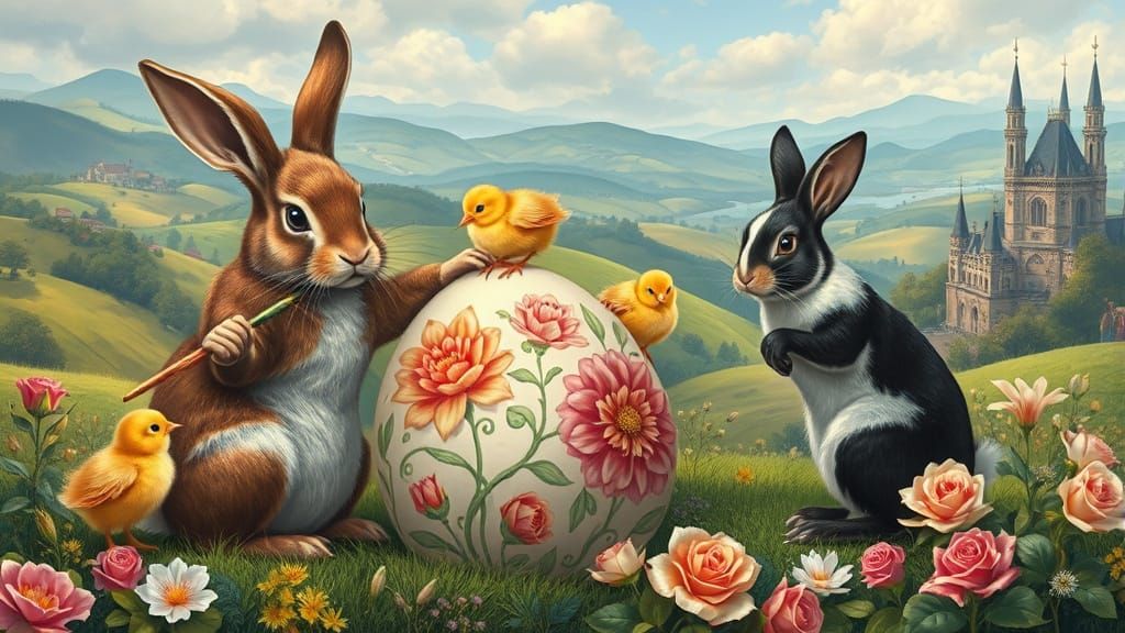 Rabbits and Chicks Painting Easter Eggs in Fantasy