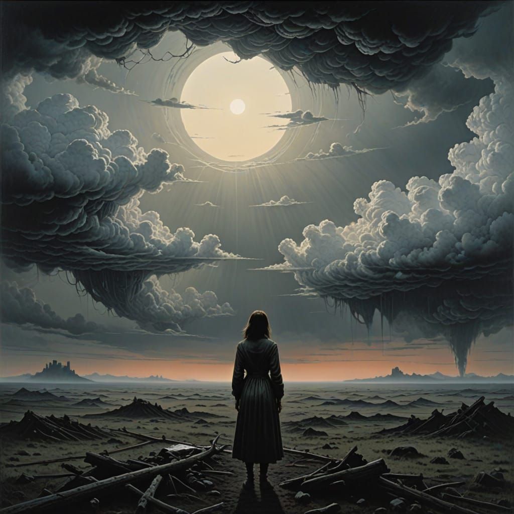 Ethereal Woman in Desolate Landscape, Haunted by Past Trauma