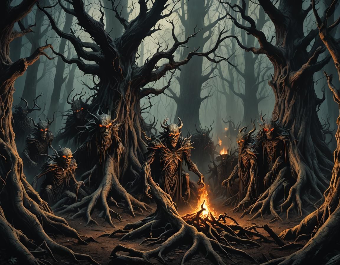 Demonic Gathering in Eerie Forest: Dark Fantasy Art