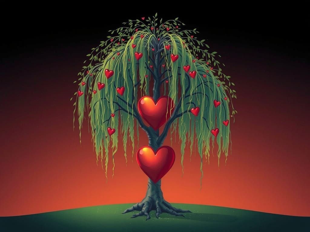 Whimsical Weeping Willow Tree with Crystal Heart Leaves
