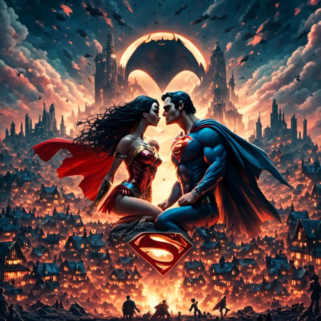Superman and Wonder Woman Kiss Under Batman Signal