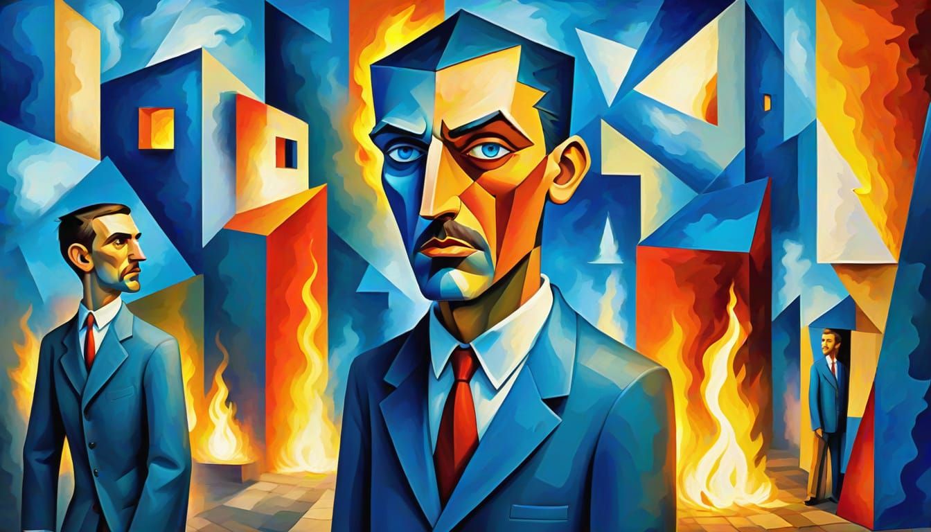 Surreal Cubist Fire Man in Disrepair