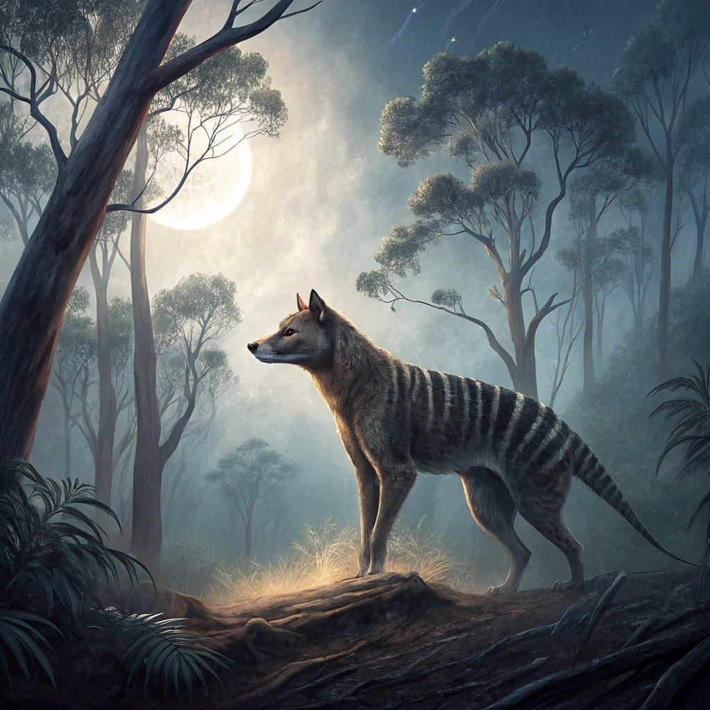 Moonlit Tasmanian Tiger in Dreamlike Eucalyptus Forest