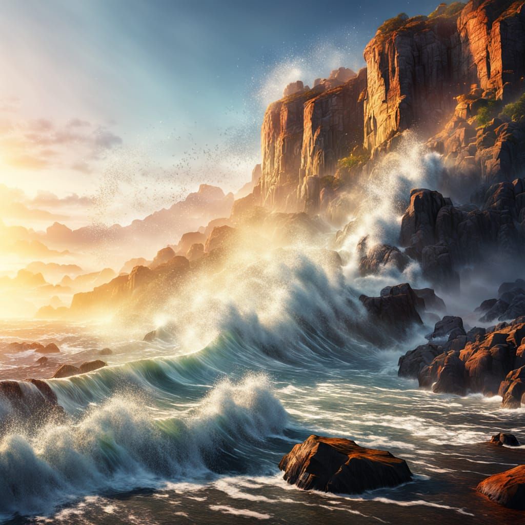 Mist and Waves Crash Against Cliff Walls