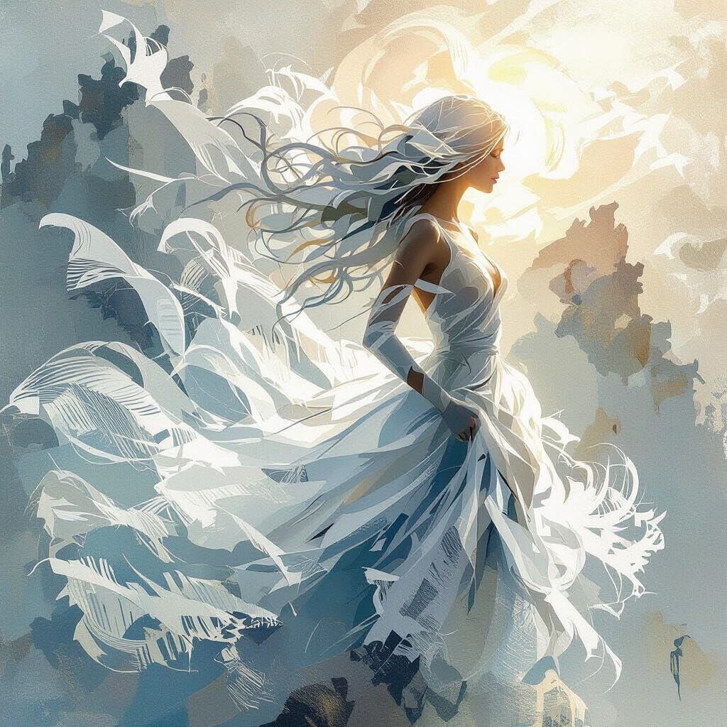 Elegant Woman in Sunlight, Inspired by Rothko and Magritte