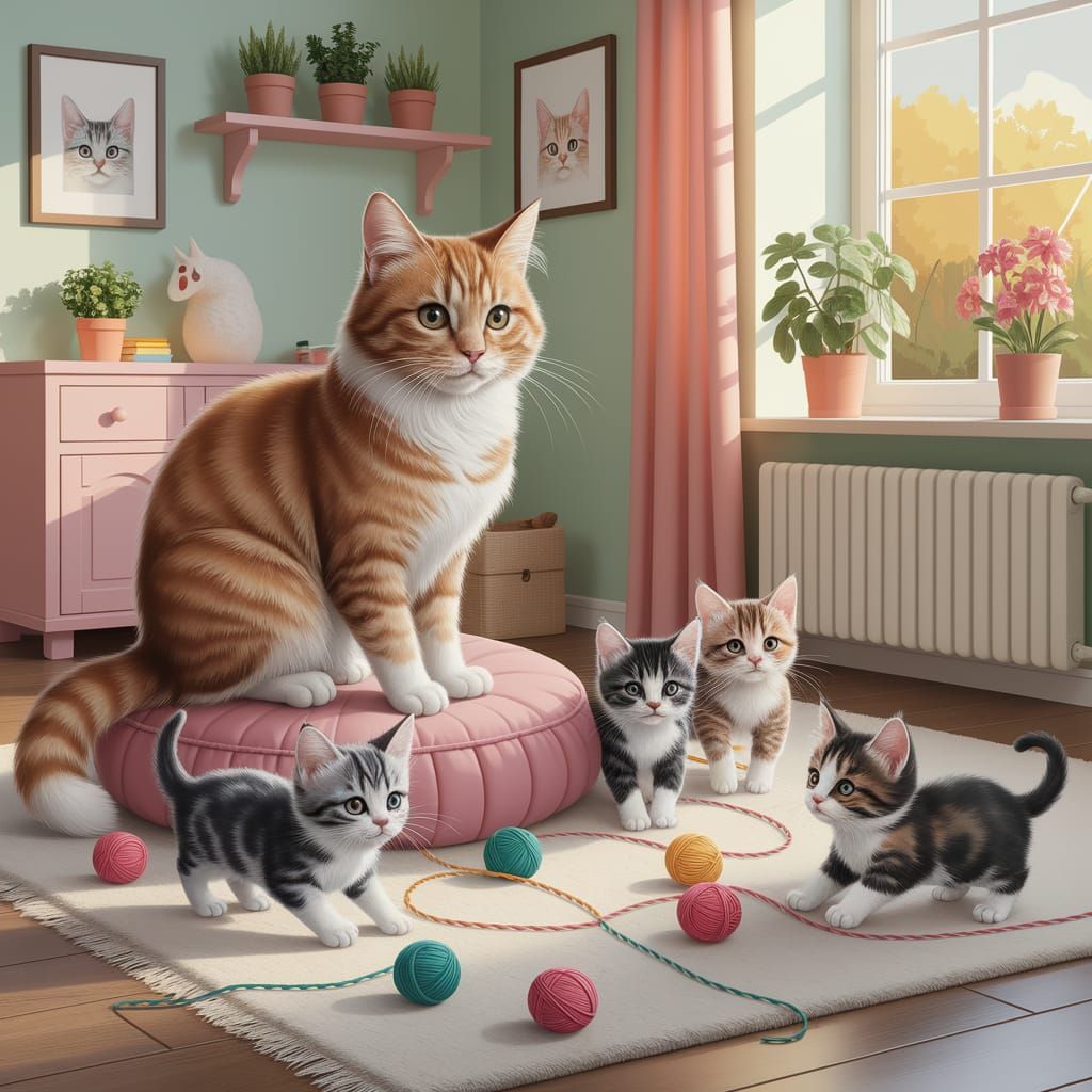 Cozy Mother Cat Watches Playful Kittens in Whimsical Home