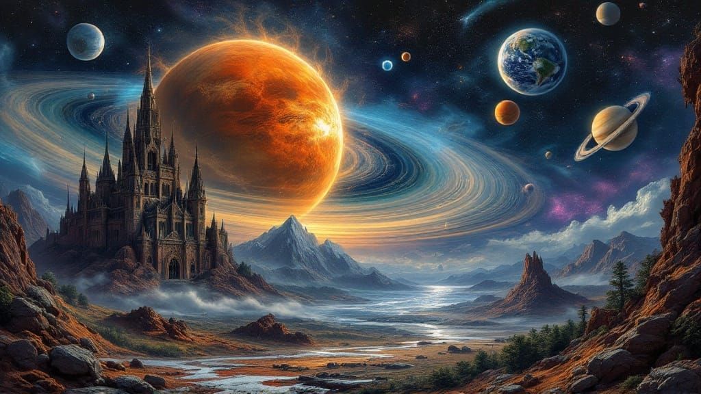 Surreal Cosmic Dreamscape in Photorealistic Oil Painting Sty...