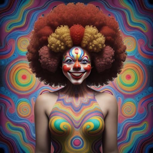 Crying Clown Girl with Rainbow Afro and Bubbles