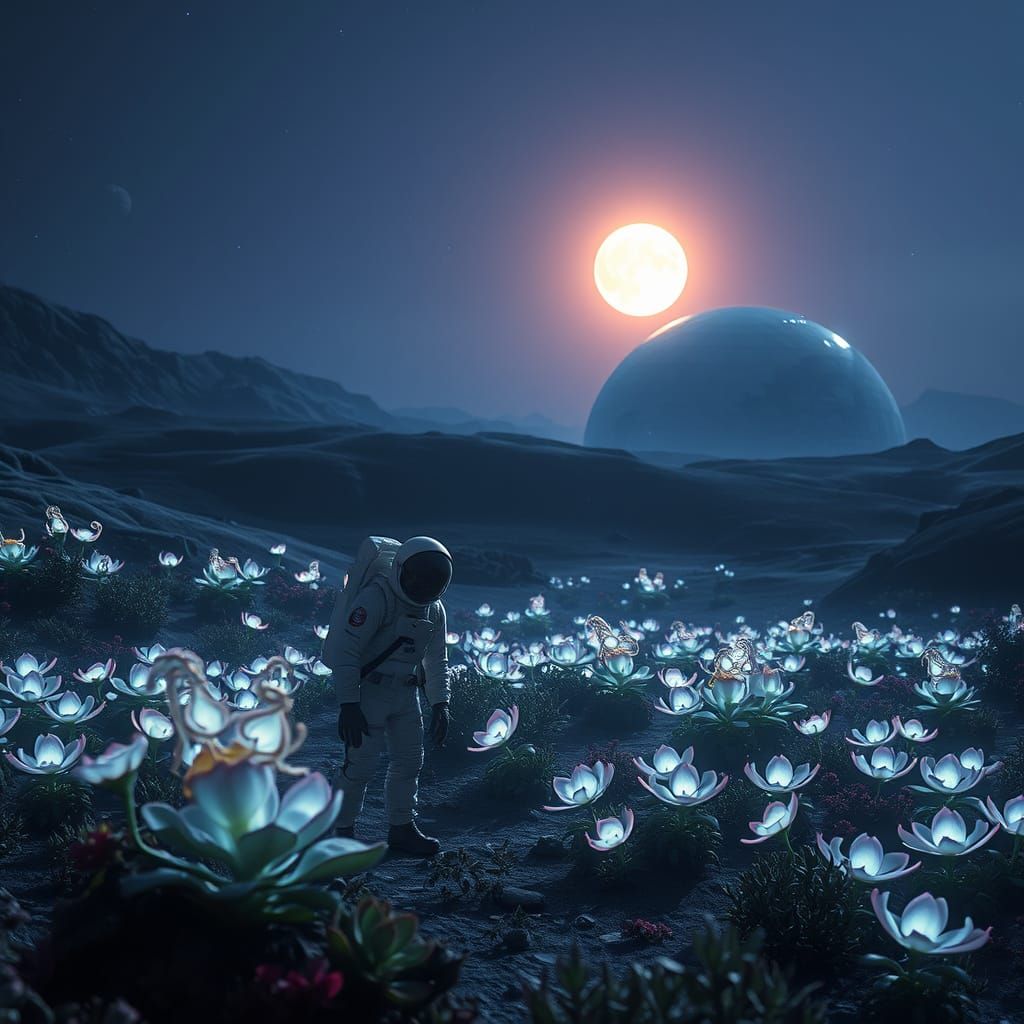 Astronaut Tends Alien Garden on Moon in Retro-Futuristic Sty...