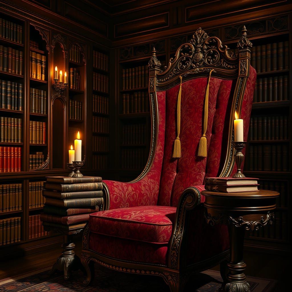 Cozy, Candlelit Library with Rich Wooden Accents and Leather...