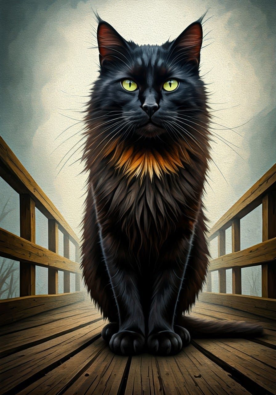 Abstract Feline on Wooden Bridge in Expressionist Style