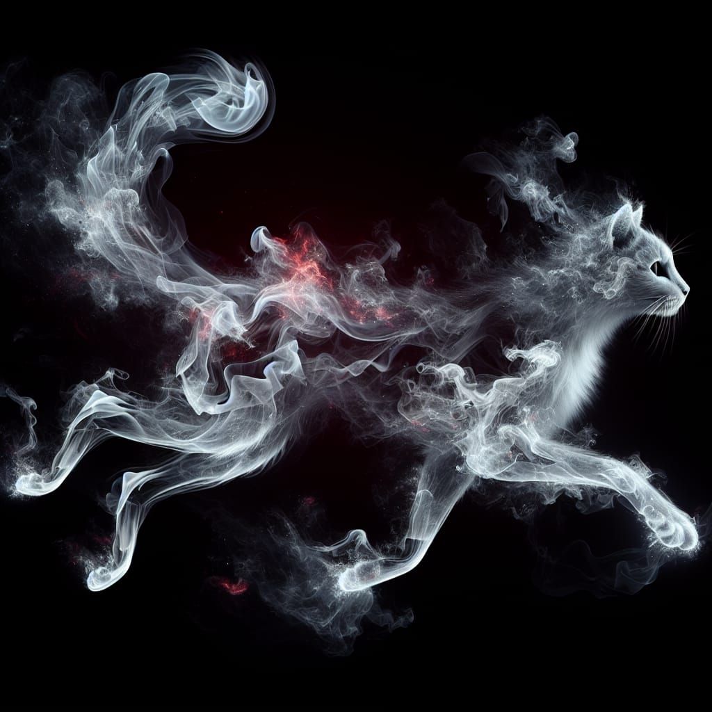 Ethereal White Smoke Cat Galloping in Darkness