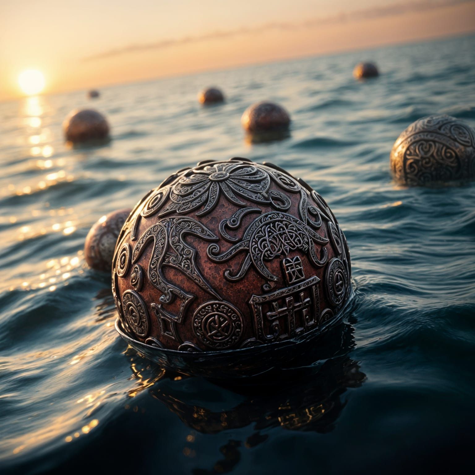 Glowing Metal Spheres Float Amidst Ancient Sea Ruins