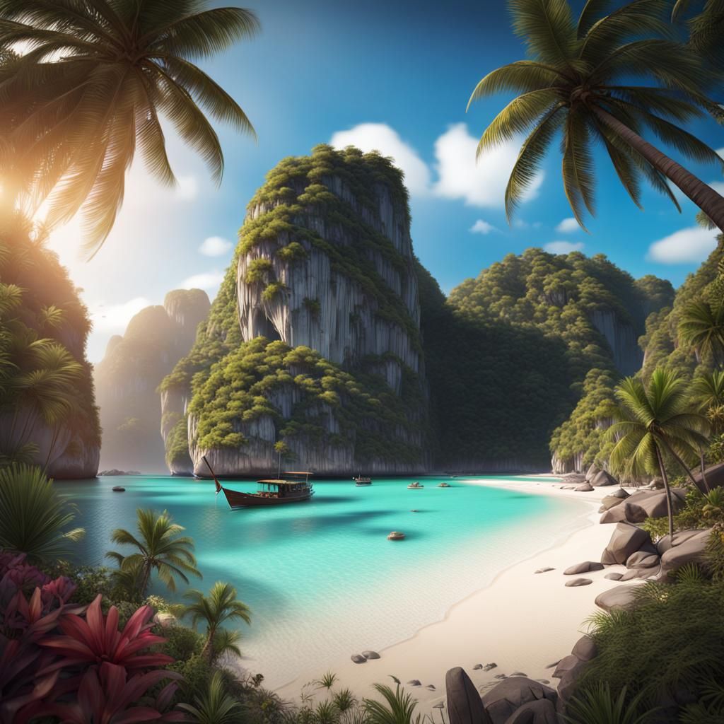 Maya Bay Beach with Palm Trees in Thailand