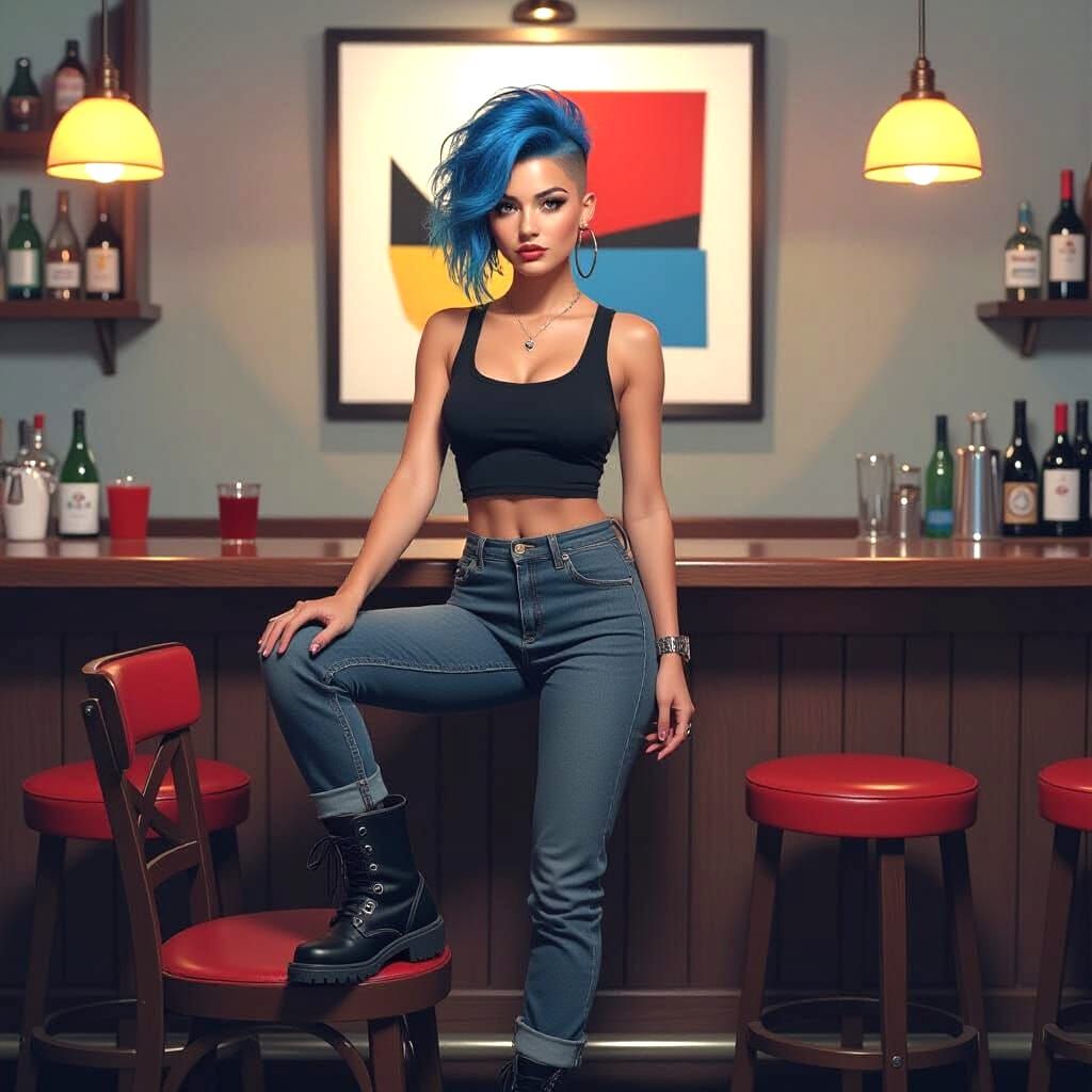 Woman with Mohican Haircut in Dimly Lit Bar