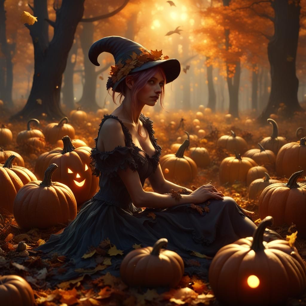 Dark Fairy in Autumn Pumpkin Patch, Detailed Digital Art