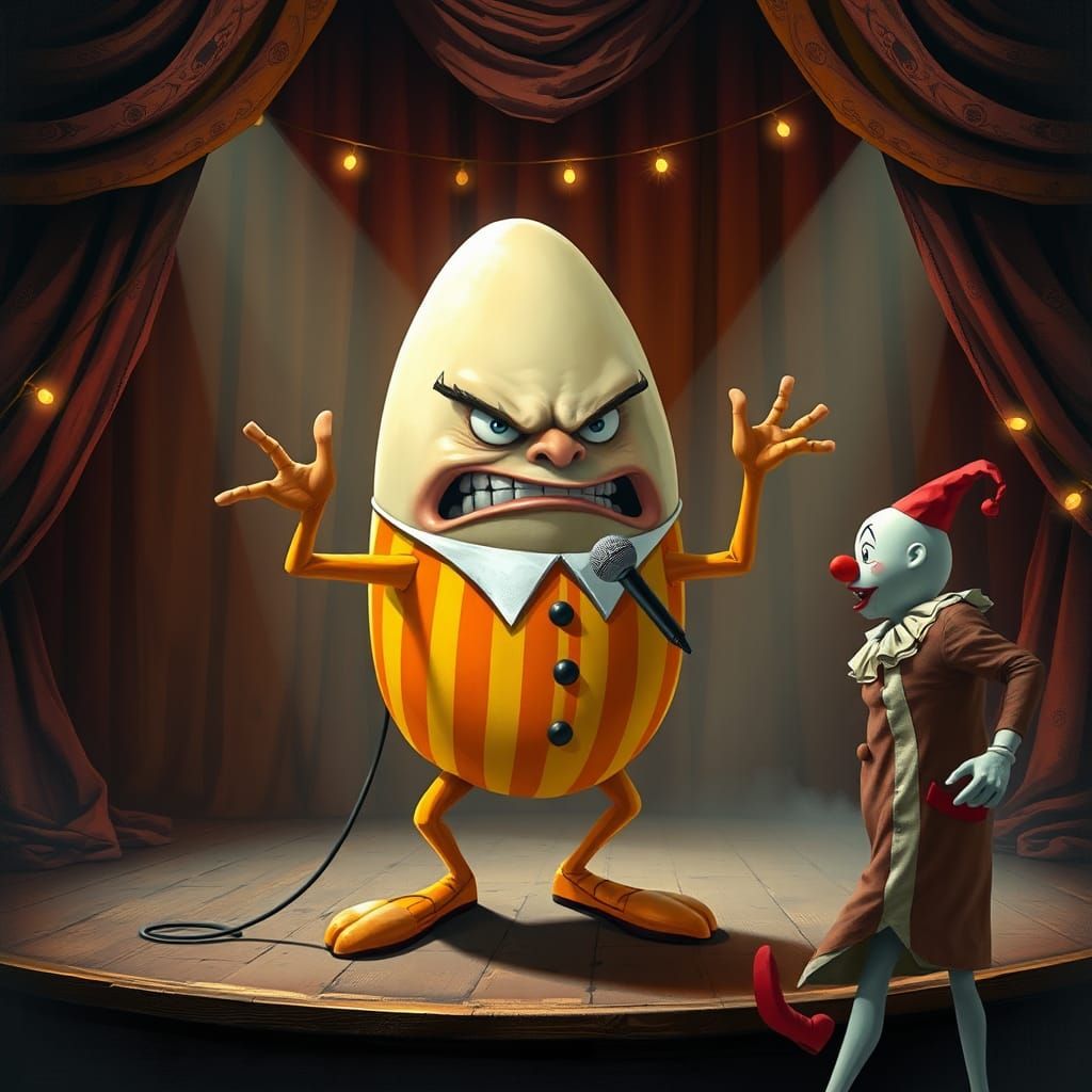Furious Egg Yelling at Clown on Circus Stage