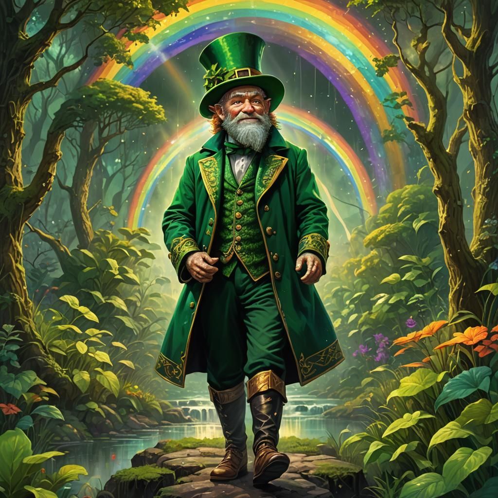 Leprechaun in Emerald Coat Before Mystical Rainbow
