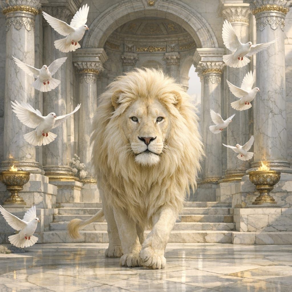 Majestic White Lion in Ancient Temple with Doves