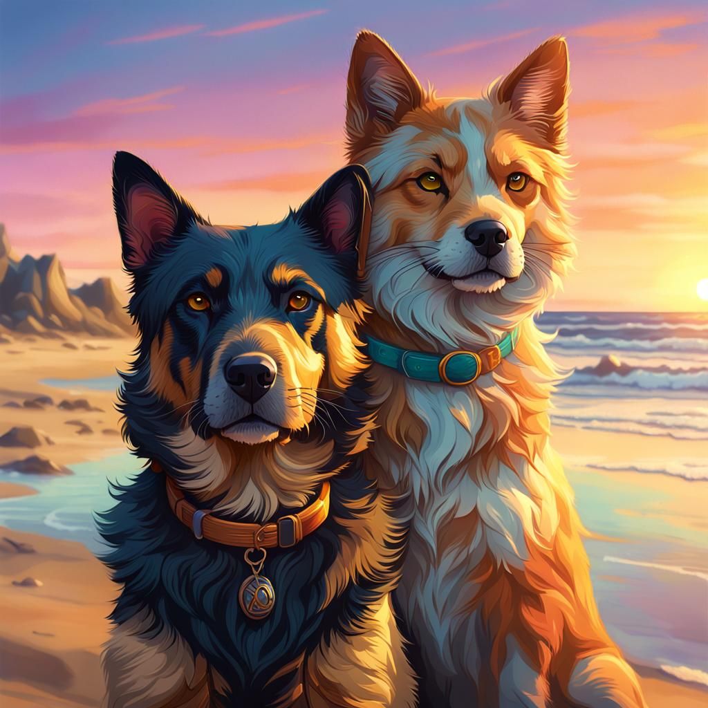 Sunset Beach Portrait of Dog and Cat