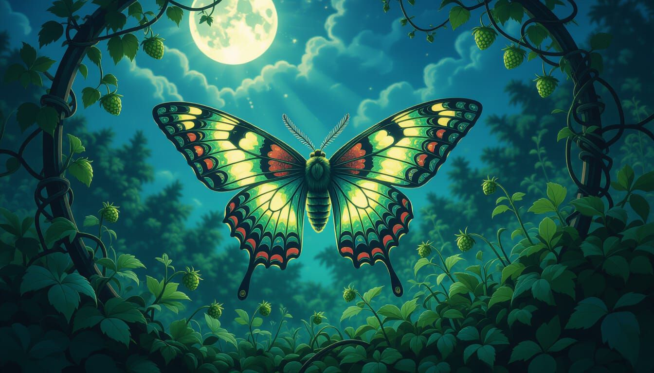 Bioluminescent Moth with Stained Glass Wings in Ethereal Gar...